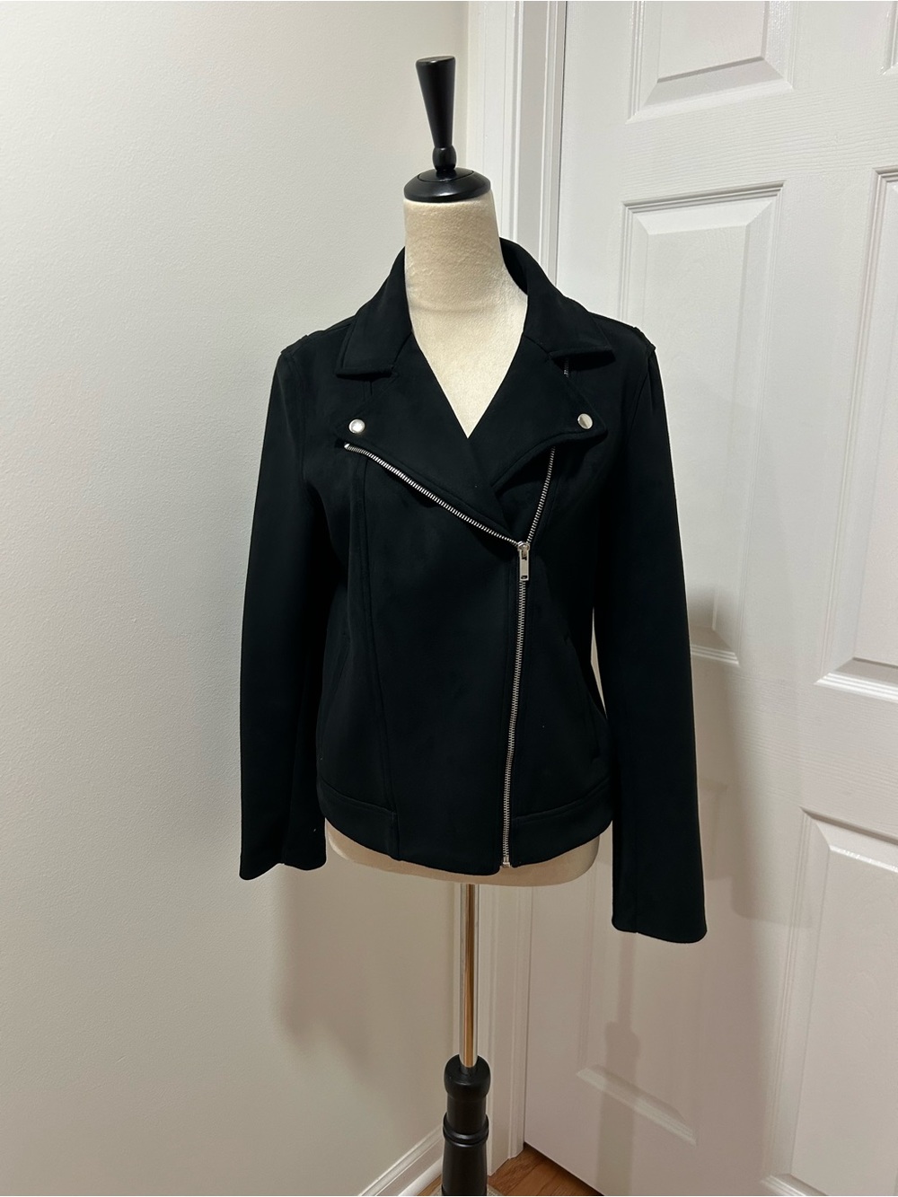 Old Navy Black Asymmetrical Zip Suede Jacket with Silver Hardware